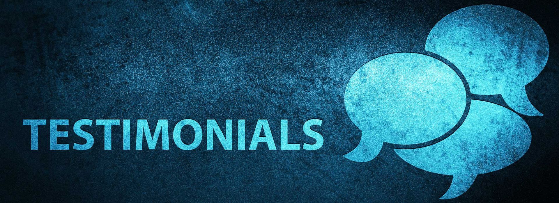 Blue “TESTIMONIALS” text with three overlapping speech bubble icons on a dark background