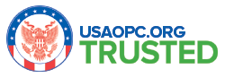 USAOPC.org TRUSTED badge with blue and green text beside a red, white, and blue circular emblem