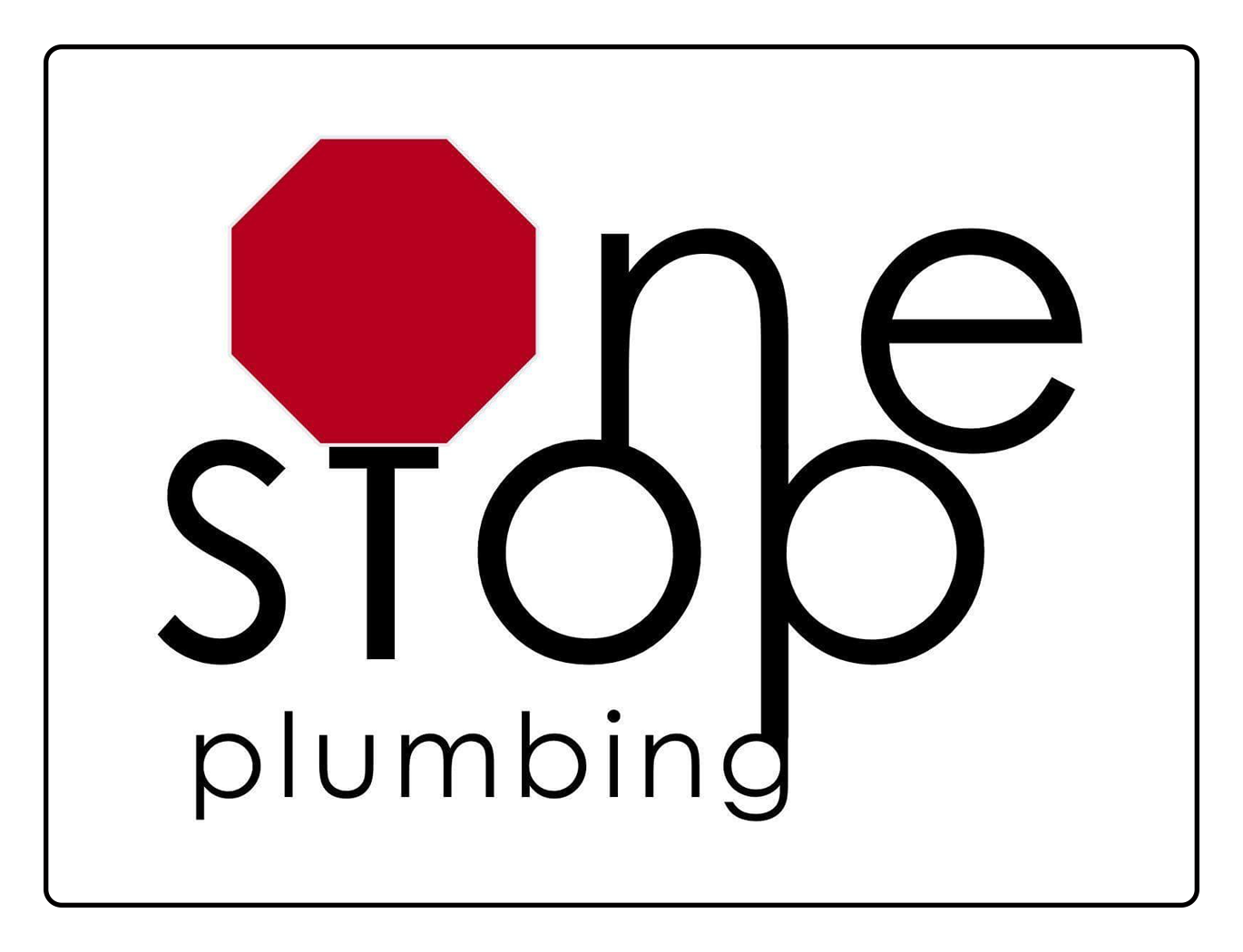 Logo for One Stop Plumbing with a red stop sign and black text on white background
