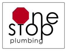 Logo for One Stop Plumbing with a red stop sign and black text on white background