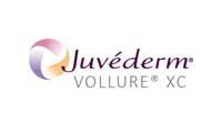 Juvederm Vollure XC logo: a stylized swirl of pink, purple, and gold with the brand name in dark font.
