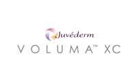 Juvederm Voluma XC logo: text in gray with a purple and gold swirl above the name.