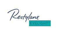 Restylane Eyelight logo in script font with a teal rectangle underneath.