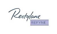 Restylane Refyne logo in black script with a lavender box underneath.