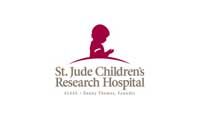 Logo of St. Jude Children's Research Hospital: burgundy silhouette of child, with text below.