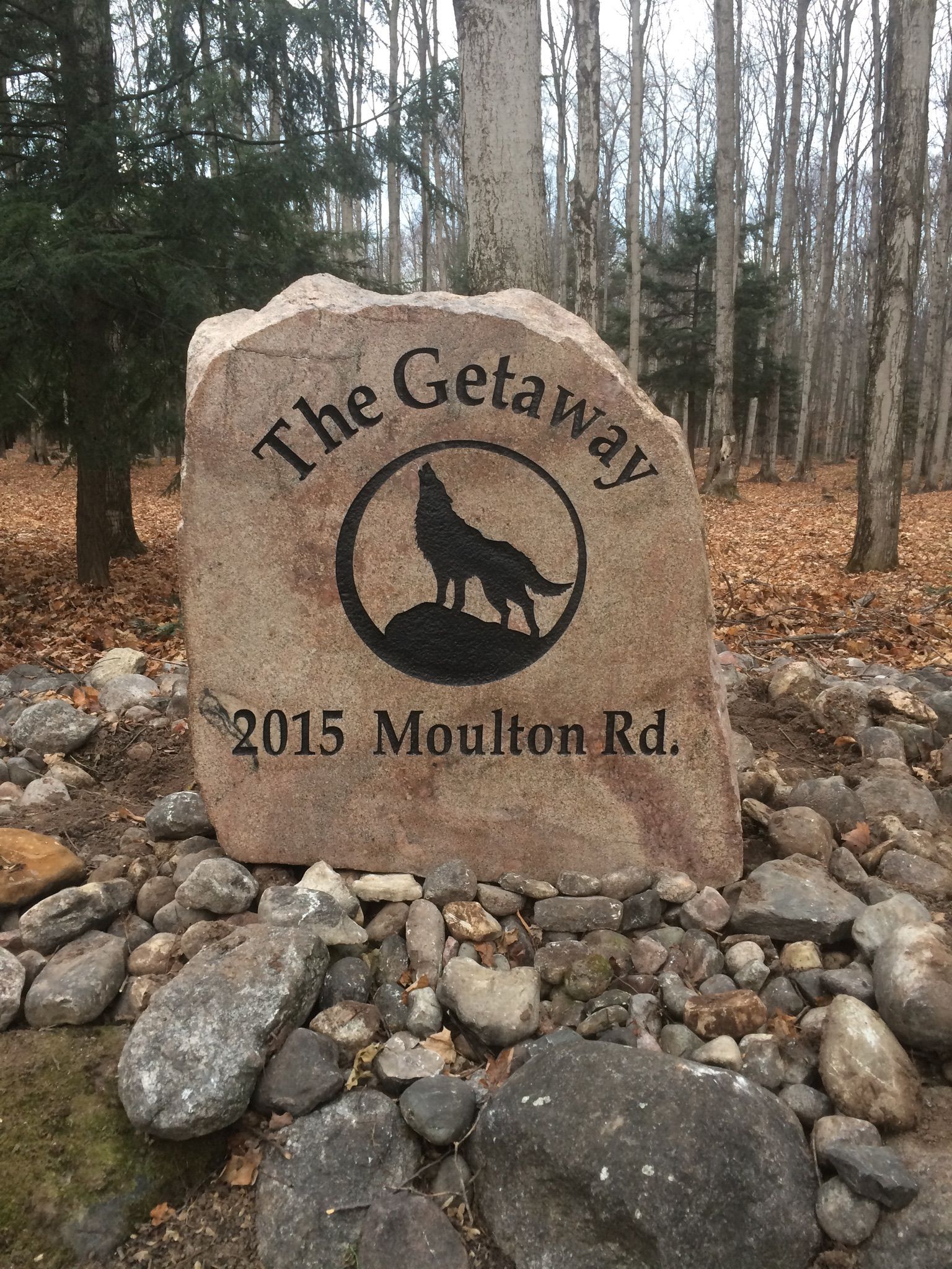 Large stone sign reading 