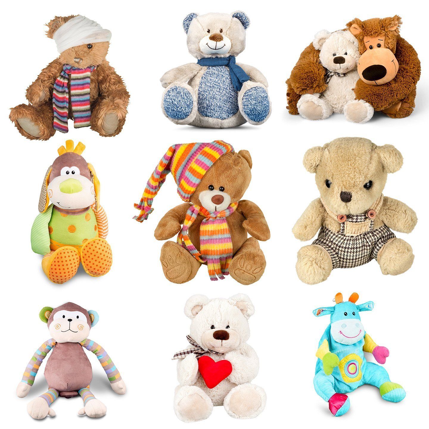Nine plush toys, including bears, monkeys, and a giraffe, arranged on a white background.