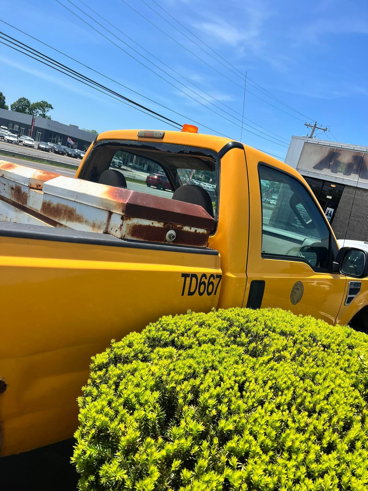Yellow taxi truck on a sunny street, with a hedge in the foreground and buildings in the background.