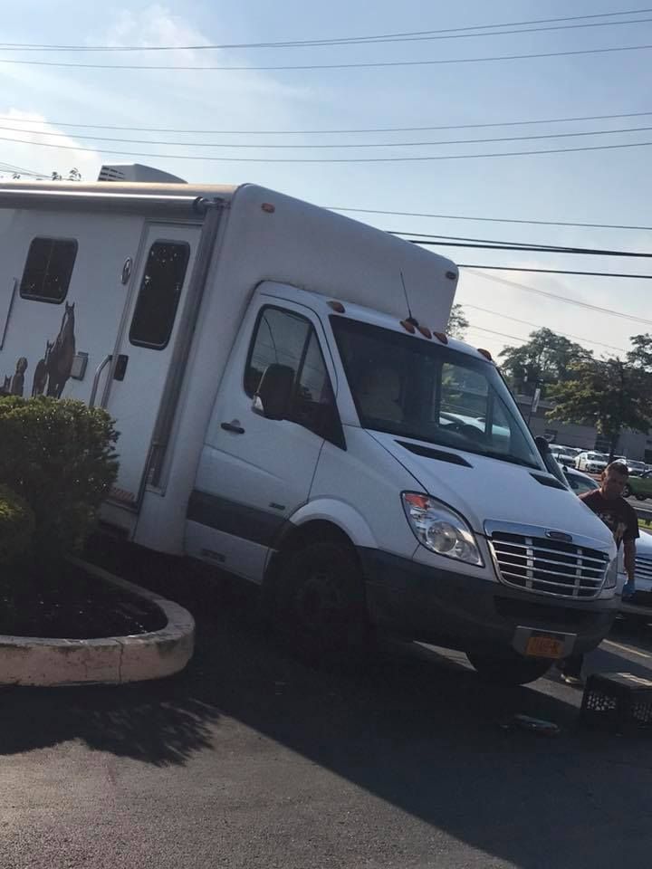 White box truck parked at an angle in a sunny lot, with overhead power lines and bushes nearby
