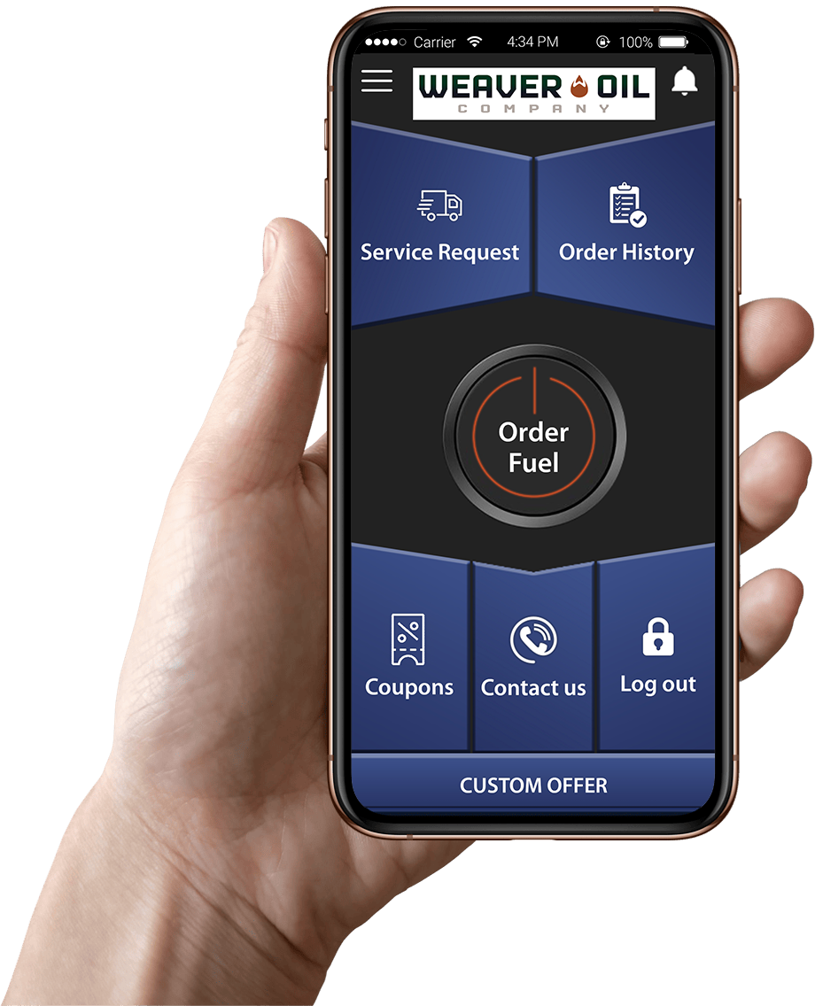Hand holding phone displaying a Weaver Oil Company app with order options.