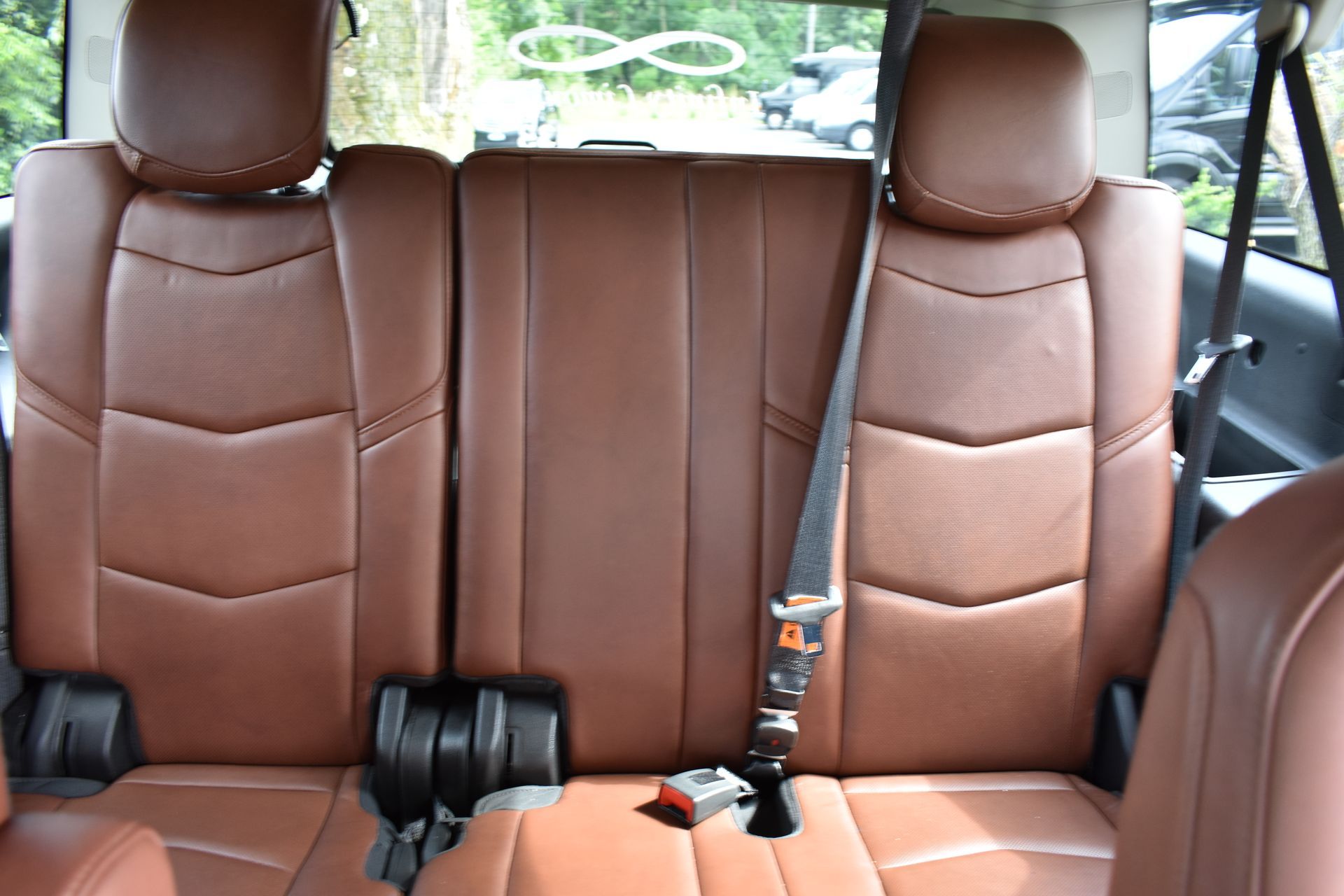 The back seat of a car with a seat belt