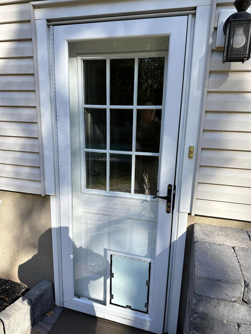 A white door with a dog door in it is on the side of a house.