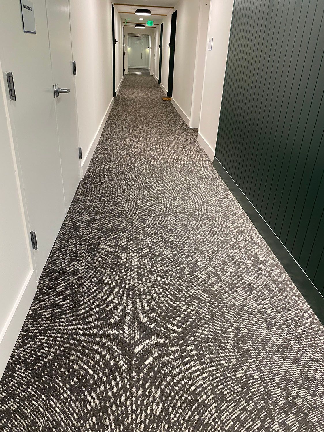 a long hallway with a carpeted floor