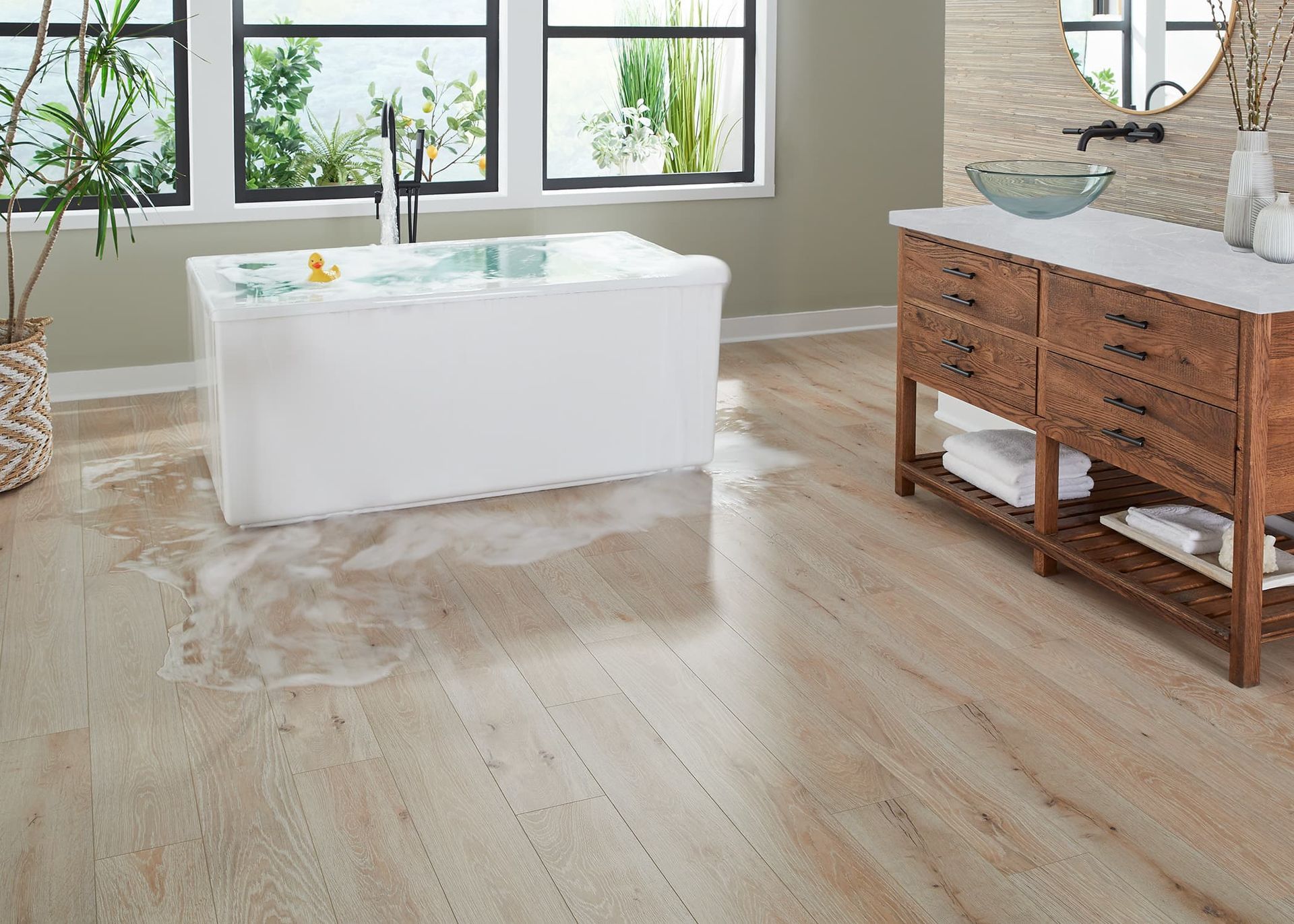 a bathroom with a bathtub , sink and mirror .