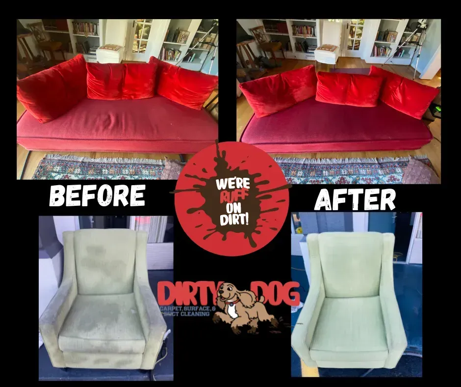 Before-and-after of a red sofa cleaned and restored to a light blue chair with “Dirty Dog” branding.