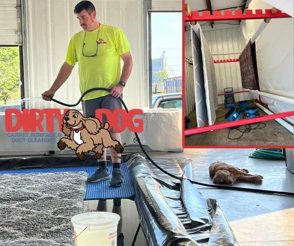 Worker in neon shirt cleaning a floor with a machine beside a red-framed industrial area