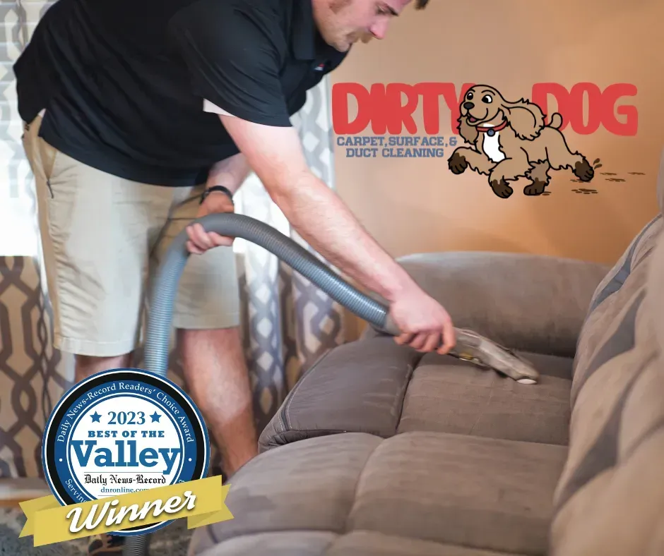 Man vacuuming a tan couch with a carpet-cleaning hose beside Dirty Dog logo and Valley winner badge