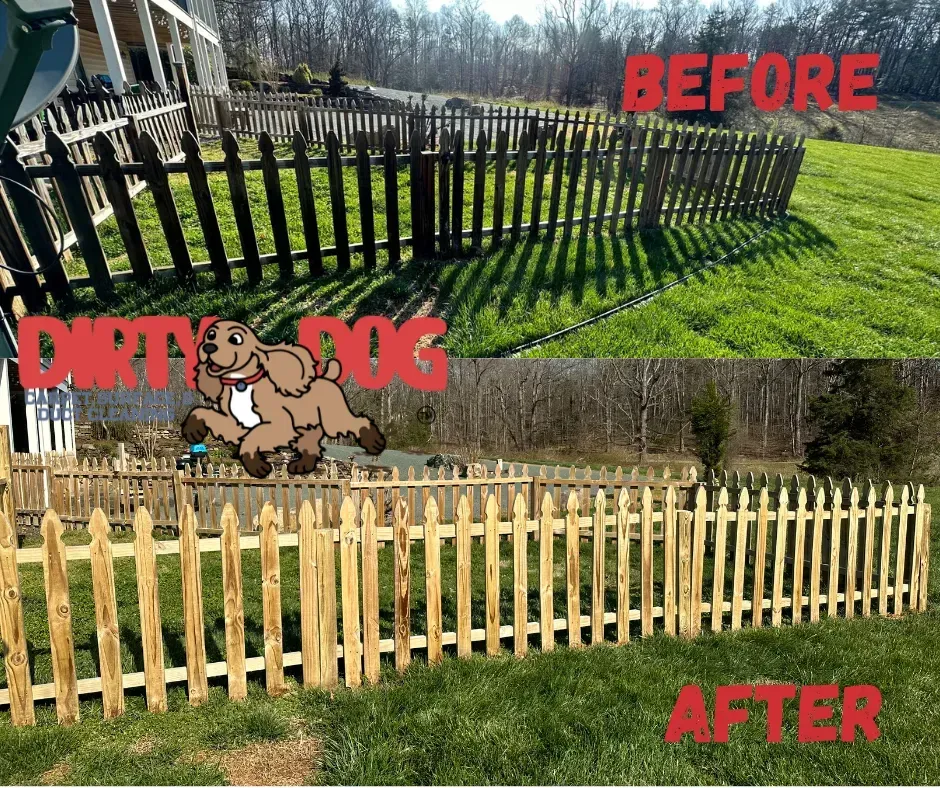 Before-and-after of a backyard fence cleanup: dirty black fence changes to a clean light wood fence.