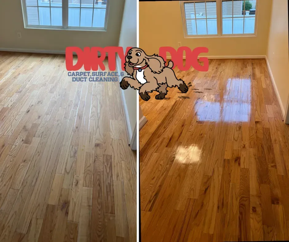 Split-view hardwood floor before-and-after cleaning in a bright room with windows and sunlight reflections