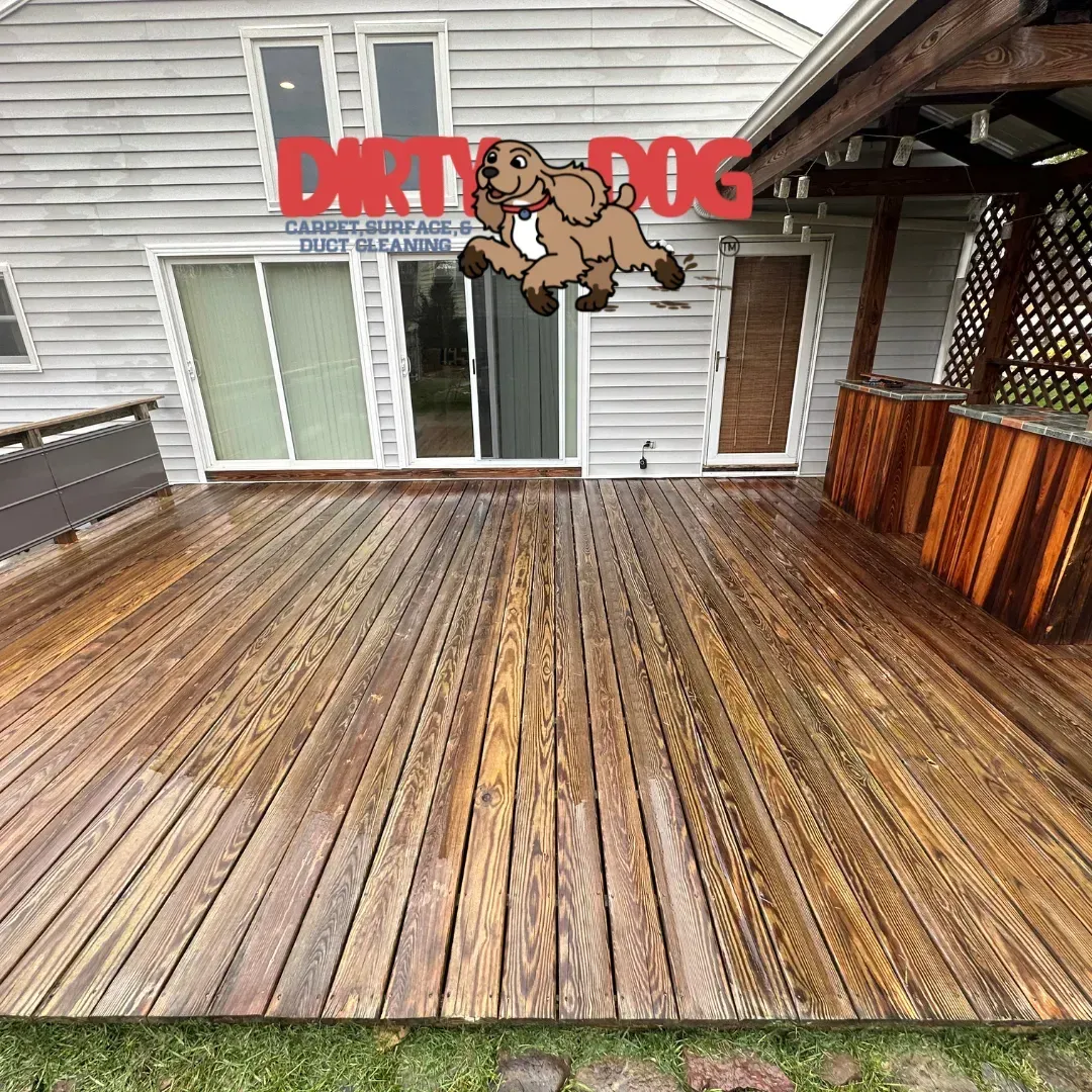 Wooden deck with a red 
