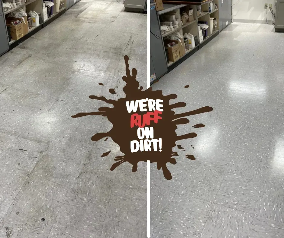 Before-and-after warehouse floor: left dusty, right cleaned, with “We’re RAFF on dirt!” graphic in center.