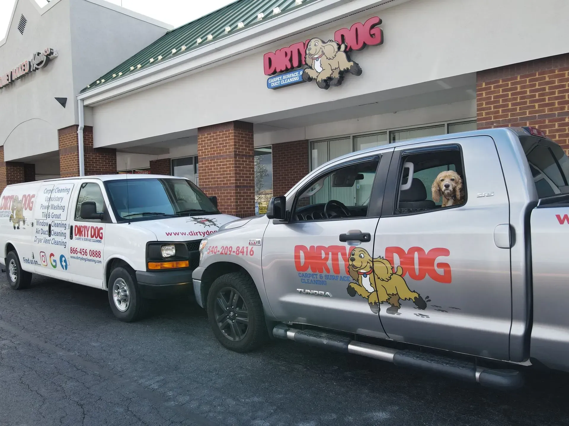 Two Dirty Dog service trucks parked outside a storefront, one with a dog in the passenger seat.