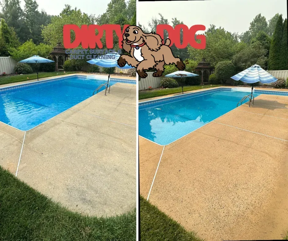 Before-and-after pool deck cleaning: dirty concrete on left, clean tan surface on right, with a blue swimming pool.