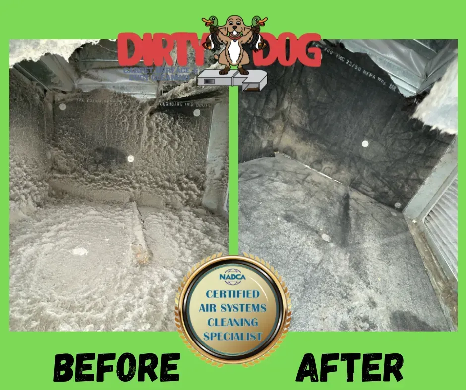 Before-and-after dirt removal in a metal bin, showing a cleaner interior after vacuuming.