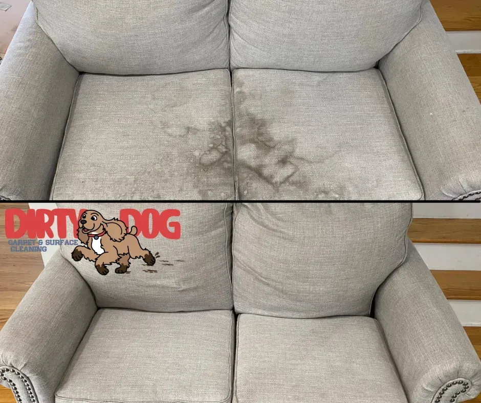 Gray couch before and after cleaning, showing a dirty cushion compared with a clean one.