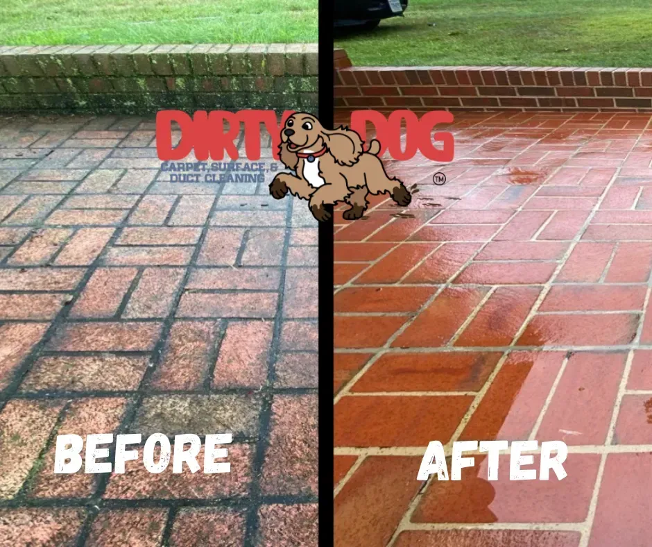Patio cleaning before-and-after: dirty brick on left, red cleaned brick on right, with dog logo.