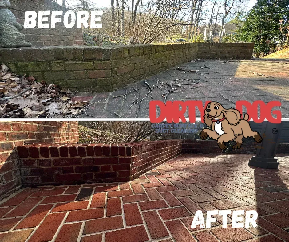 Before-and-after of a brick wall and patio, showing a dirt-dog stain removed after cleaning.