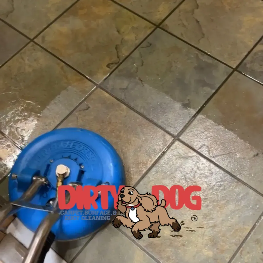 Blue carpet cleaner on wet tan tiled floor with Dirty Dog logo overlay