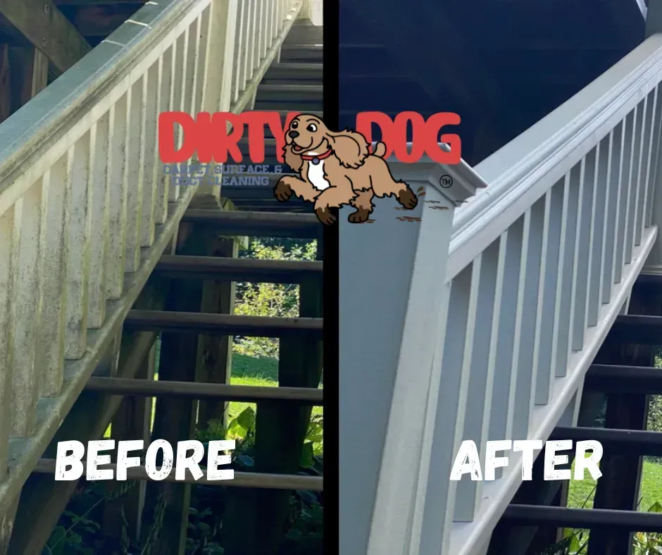Before-and-after view of a cleaned wooden staircase, with a Dirty Dog logo over the center.