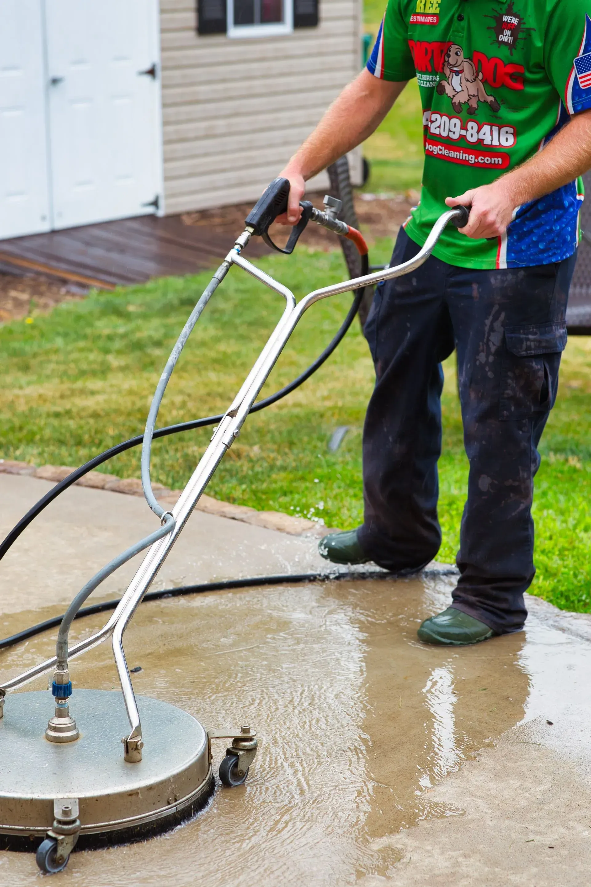 Person pressure washing a concrete driveway with a green hose and metal surface cleaner