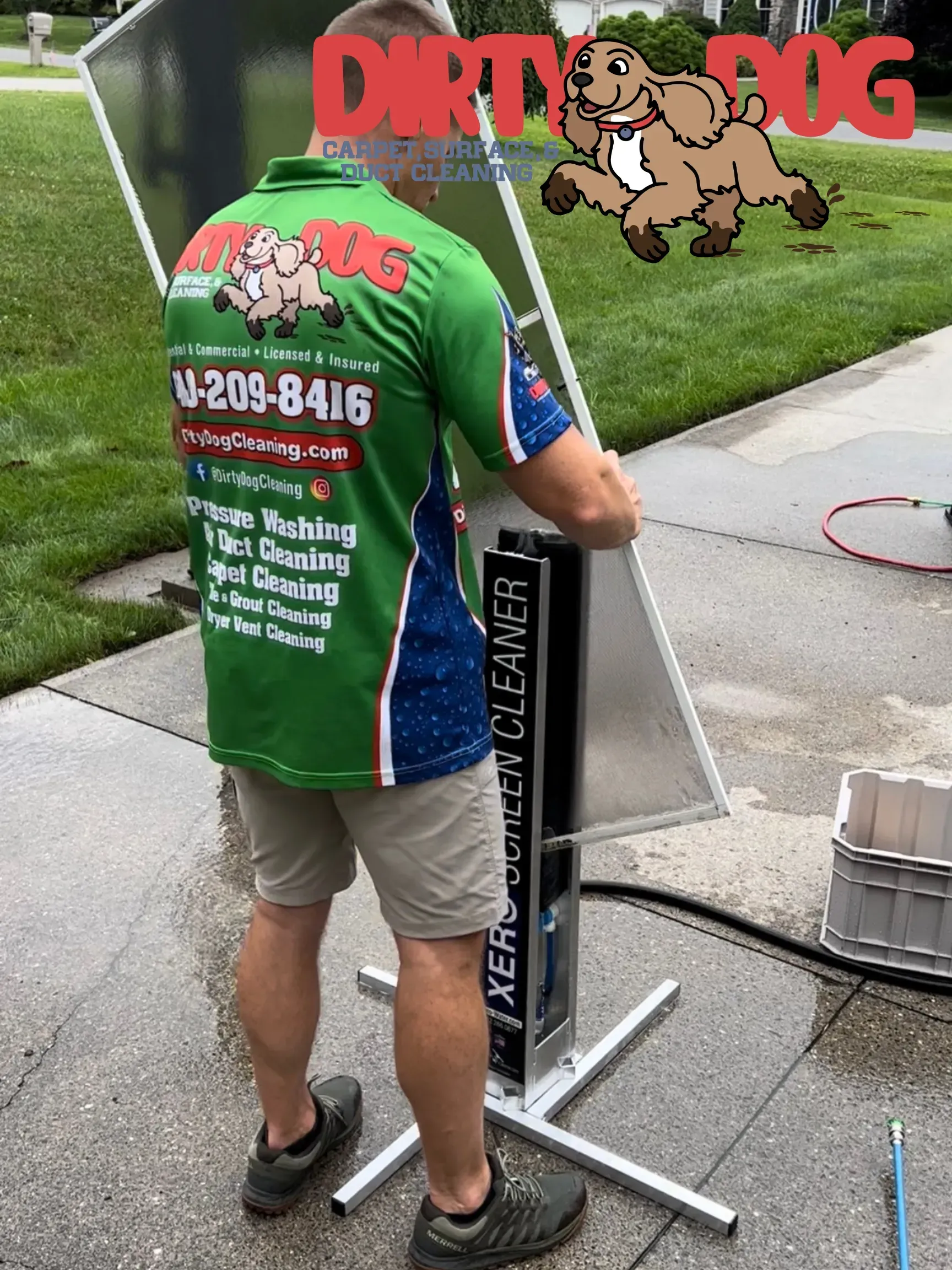 Man in green shirt using a pressure washer on a sidewalk beside a lawn, with Dirty Dog branding.