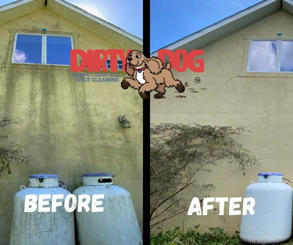 Before-and-after exterior wall cleaning on a house, with dirty beige siding on the left and cleaner wall on the right.