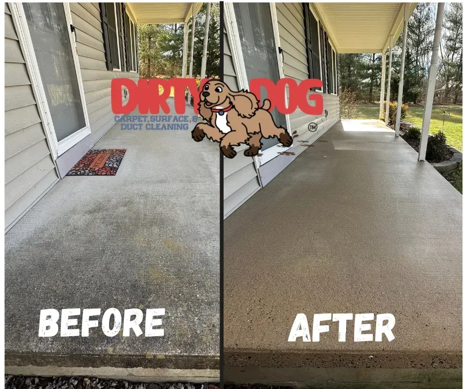 Before-and-after porch cleaning: dirty concrete on the left, clean tan walkway on the right.