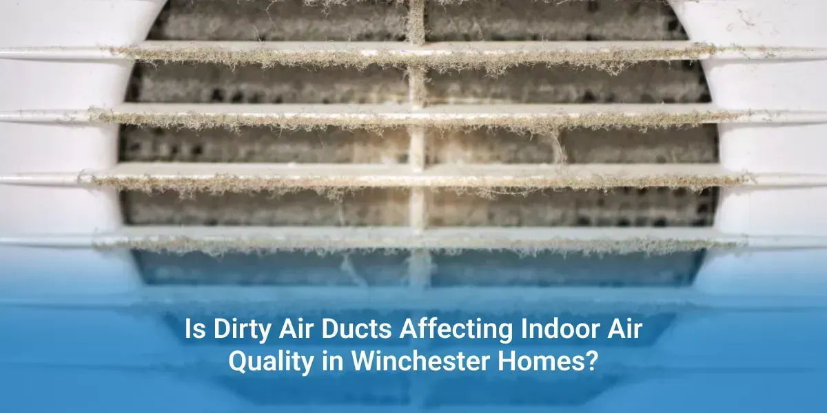 Dirty air ducts behind a white vent cover with text: 