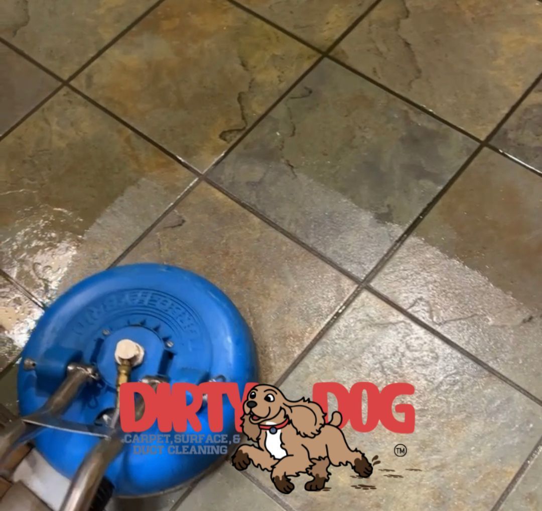 Blue cleaning machine on wet tiled floor with Dirty Dog logo.