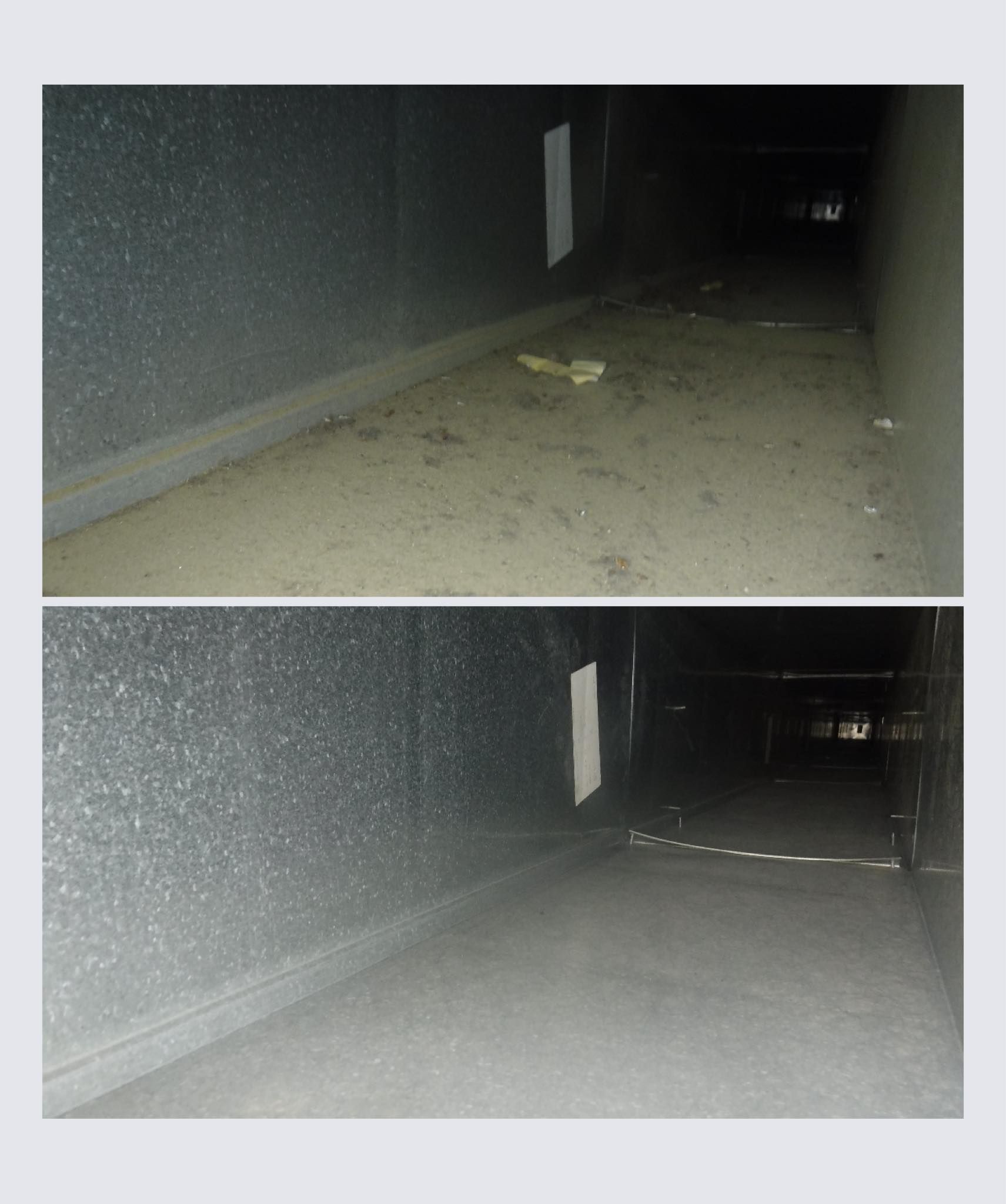 Comparison of dusty air duct before cleaning (top) and clean (bottom).