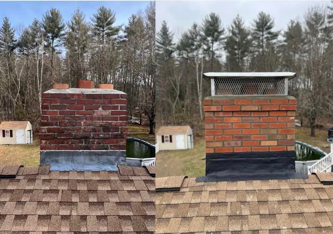 Before and after photos of a chimney cleaning. Left, dirty; right, clean. Red brick chimney on a brown roof, with trees in the background.