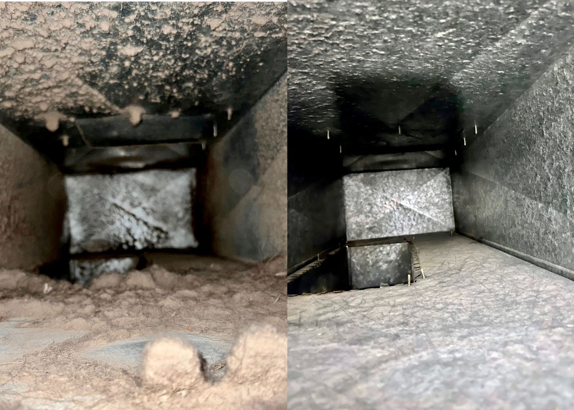 Before and after of a dirty air duct cleaning; dust and debris removed from the metal interior.