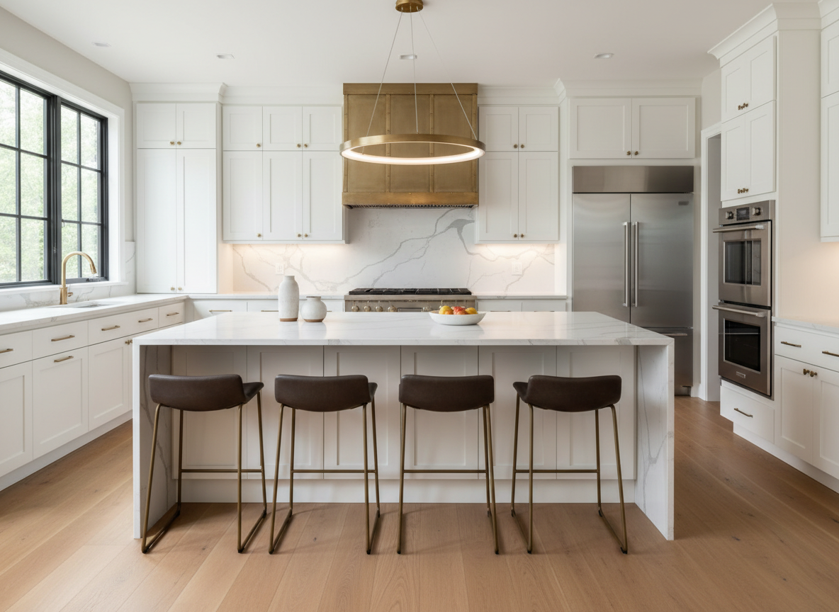 Modern kitchen with a white marble island, four barstools, white cabinetry, a gold range hood, and light wood flooring.