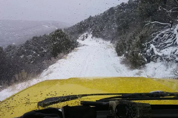 Yellow vehicle driving through snowy, forested road.