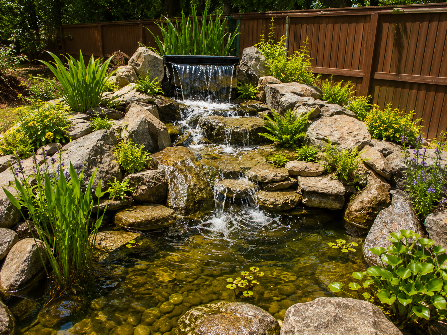 Garden pond with a small waterfall, rocks, and green plants surrounding clear water