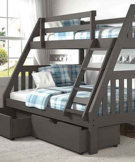 Gray bunk bed with two drawers; blue plaid bedding and white pillows.