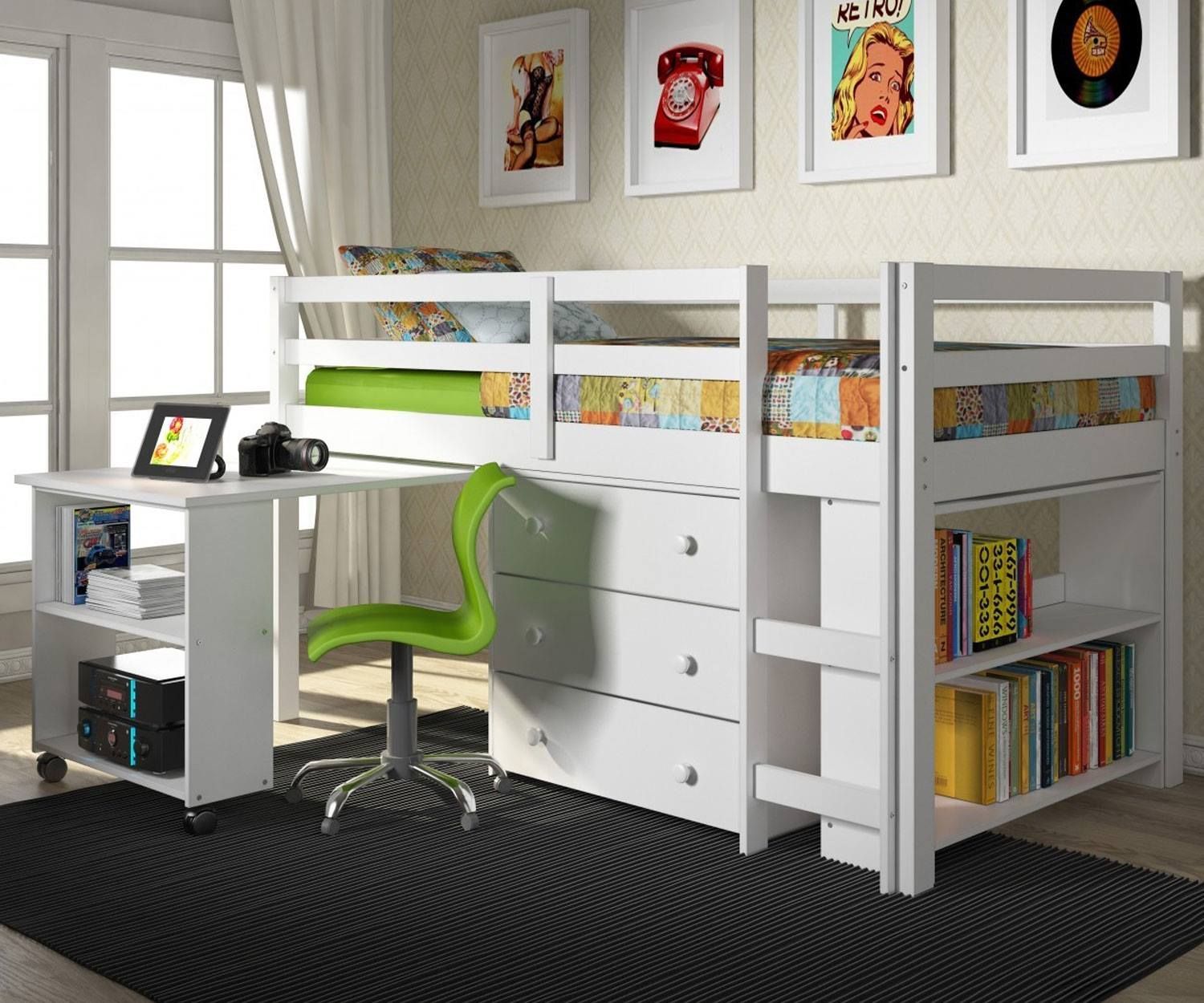White loft bed with desk and storage; books and artwork in a bedroom with a black rug.