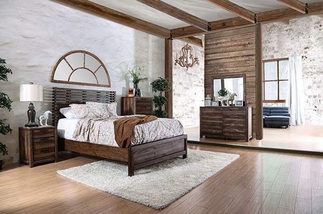 Bedroom with rustic wooden furniture, including a bed, dresser, and nightstand, on a rug.