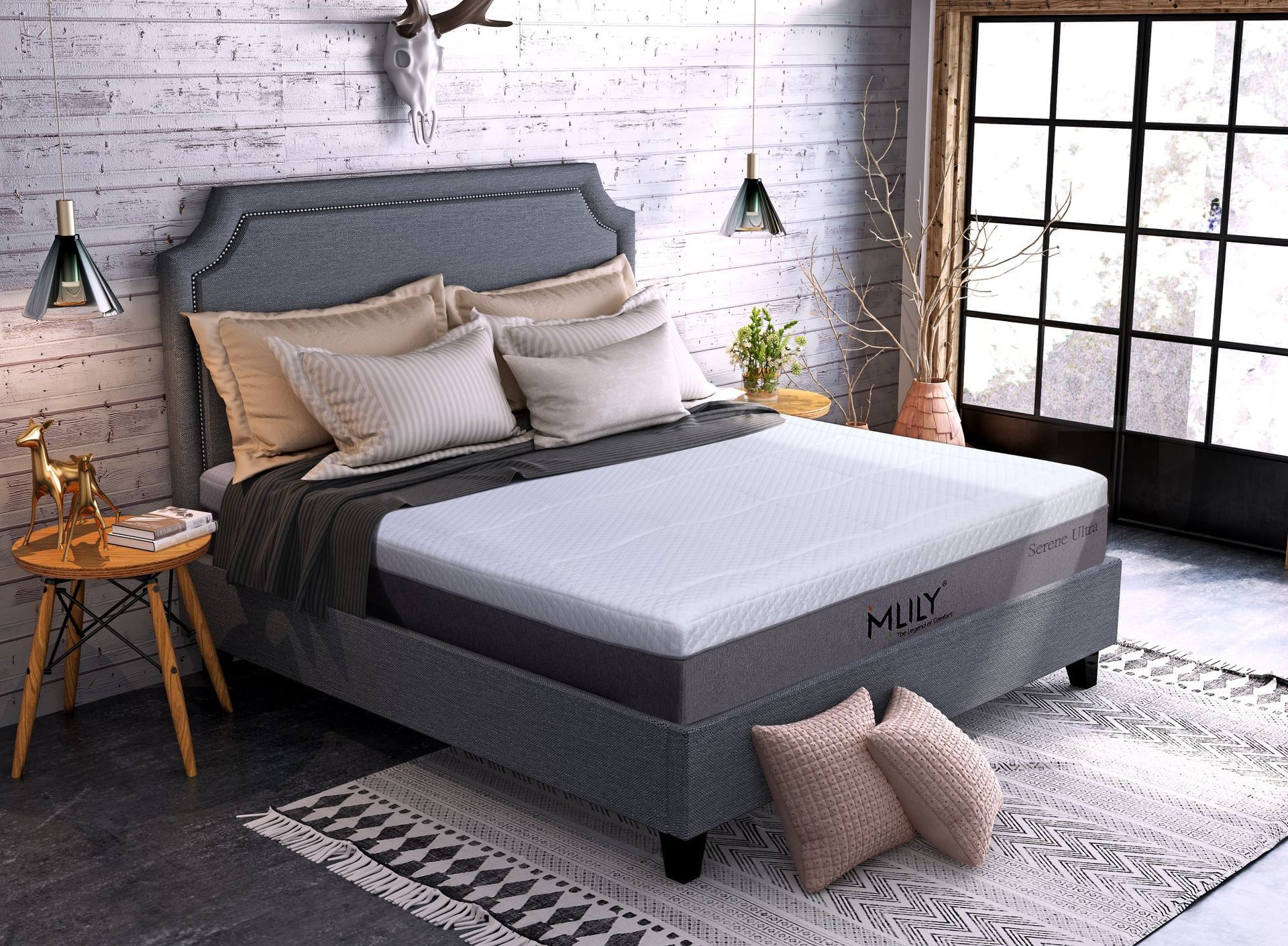 A bed with a gray upholstered headboard and a mattress with a white top in a bedroom.