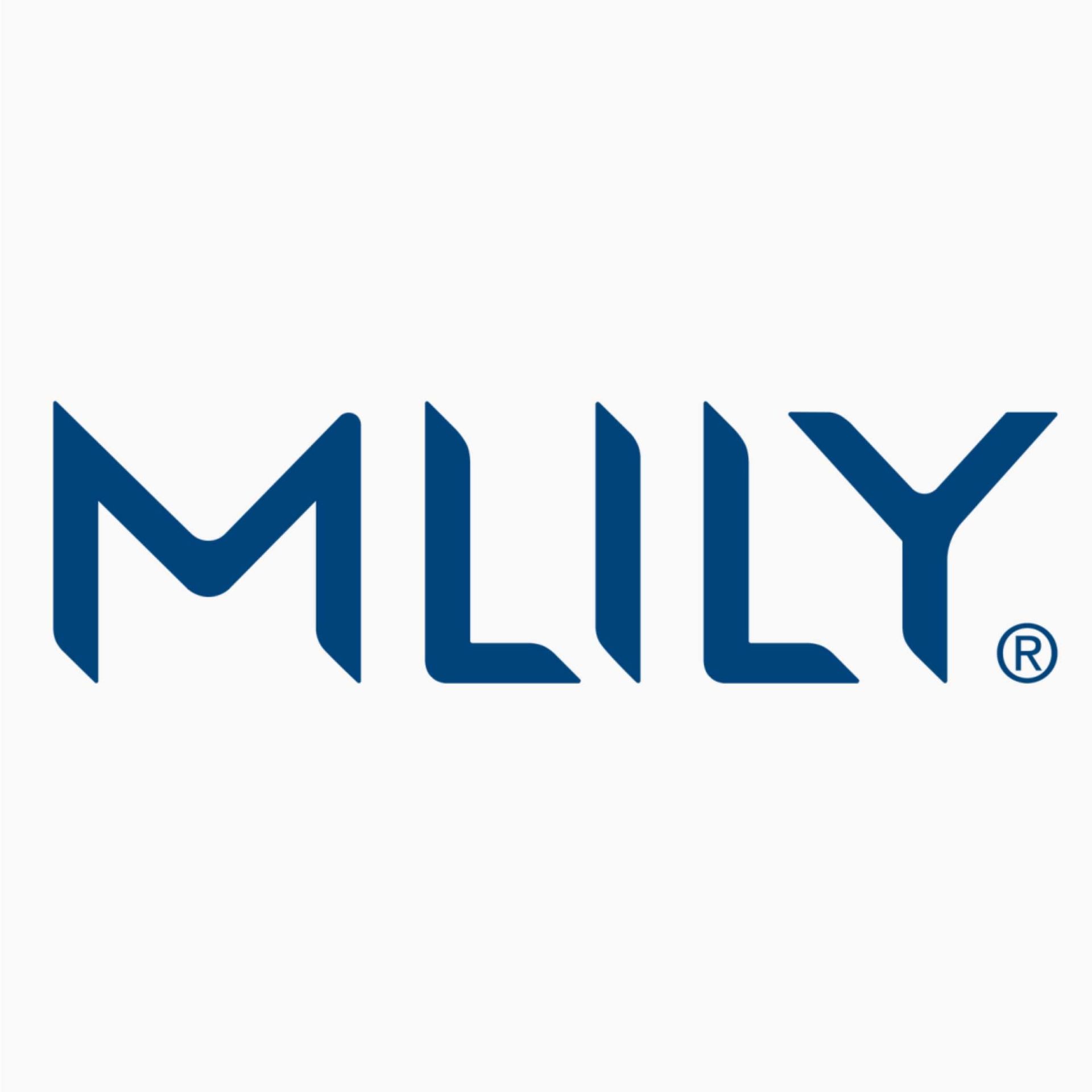 MLILY logo in blue text on a white background. The text has a modern, angular font.